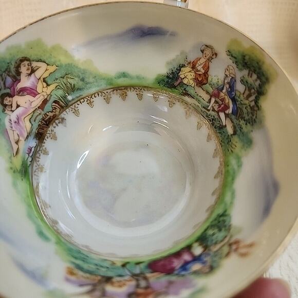 VTG Del Mar Japan Lustreware  Cup and Saucer Footed 24K Gold Trim Pastoral scene - Picture 11 of 14